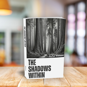 a book, titled The Shadows Within, sitting on a wooden surface. 