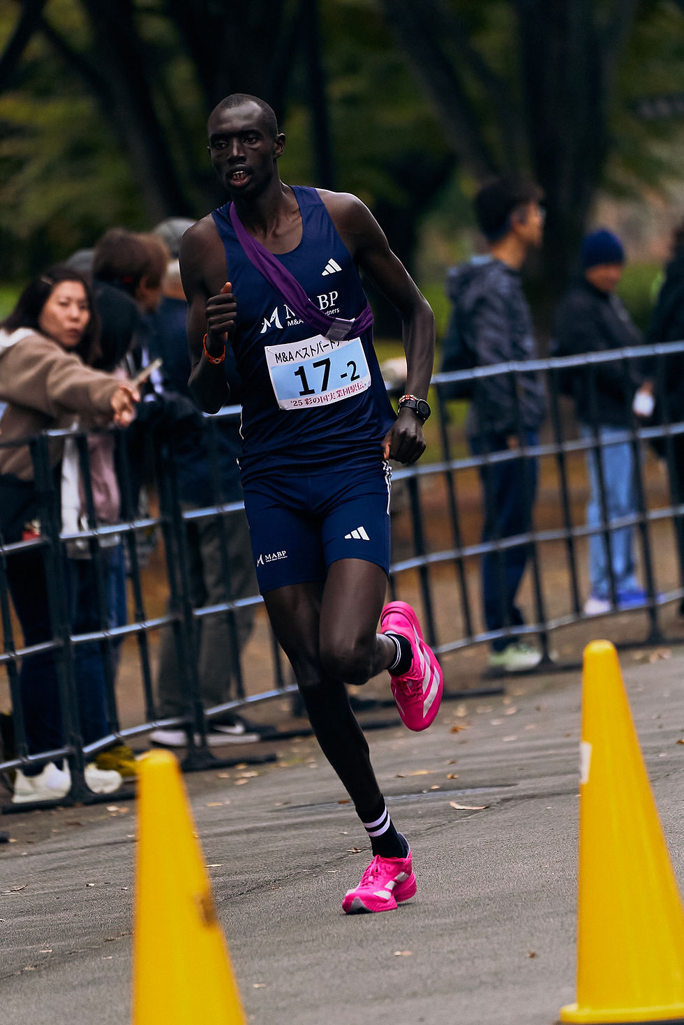 Runner in blue jersey and pink shoes races on a track marked by yellow cones. Spectators watch from behind a barrier. Bib number 17-2.