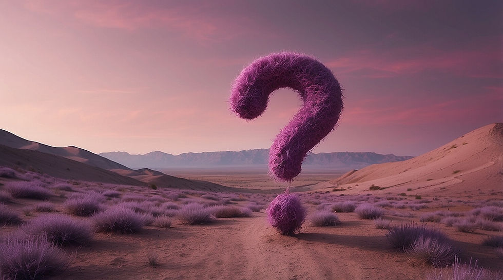 Ask any question AI represented by a giant question mark in a landscape in pink and purple hues, created using Leonardo.ai