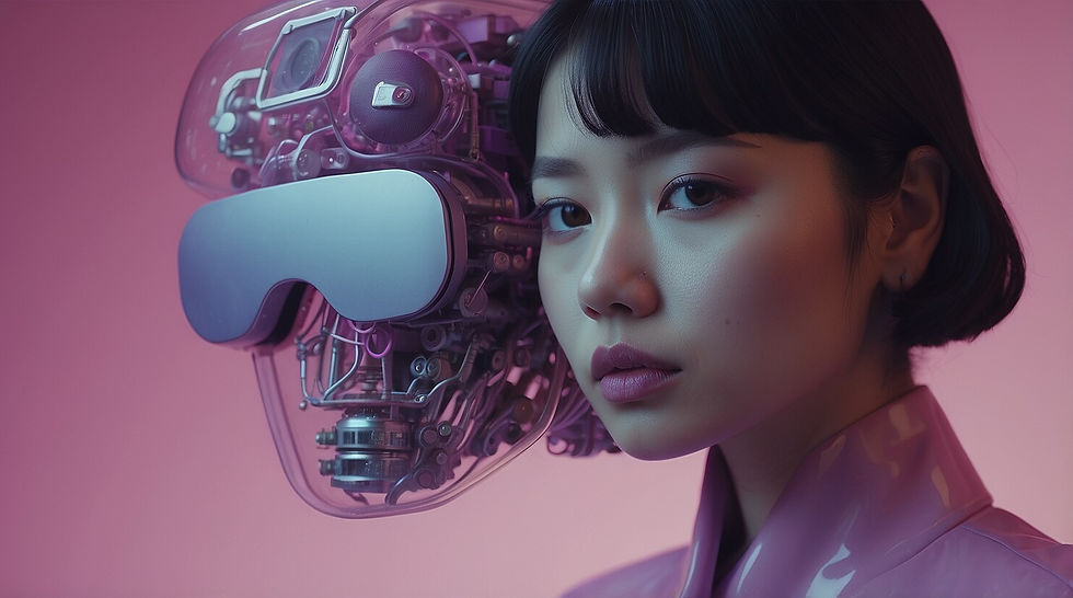 Best AI prompts represented by a woman and the wireframe of a robot in pink and purple hues, created using Leonardo.ai