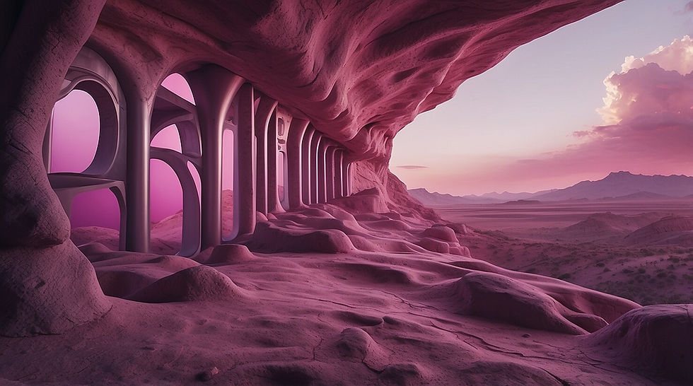 Generative AI represented by windows onto an alien landscape in pink and purple hues, created using Leonardo.ai
