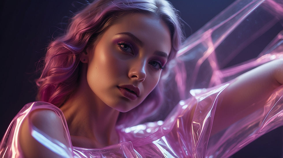 Hologram woman in pink and purple hues, created using Leonardo.ai