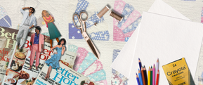 a quilt with craft supplies on top of it