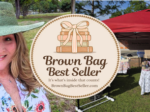 A collage of pics. A picture of Angie Colten owner of Brown Bag Best Seller, the logo, and a picture of her market booth set-up.