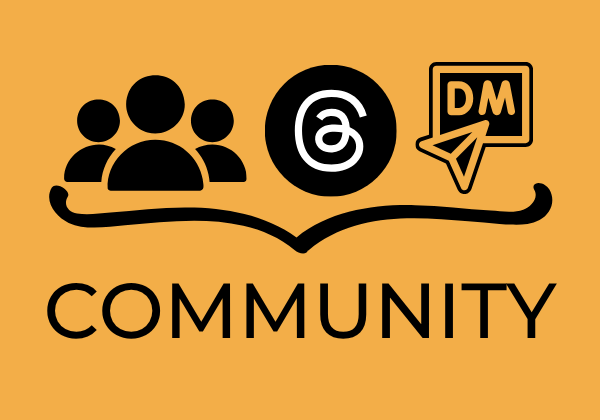 Icons of people (Facebook Grooup), an "@" symbol (Instagram Threads), and a paper airplane (sending DM's)on orange background above "COMMUNITY" text; represents connection and messaging.
