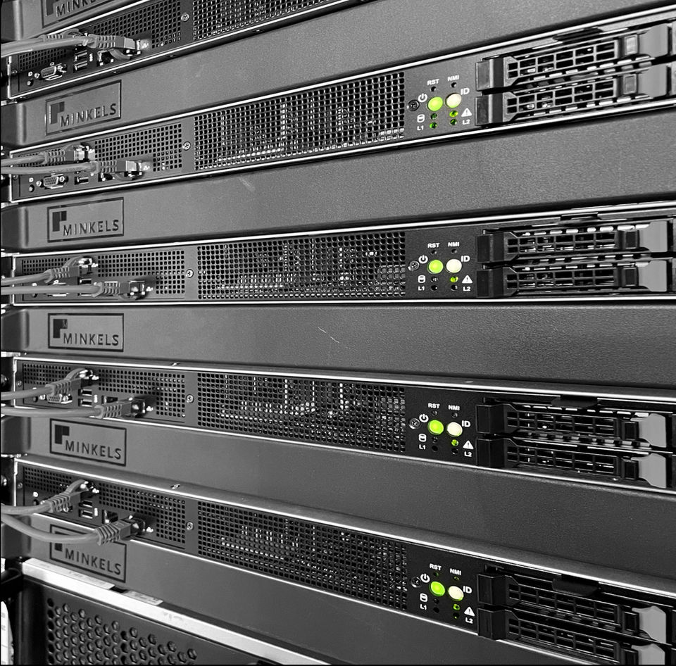 Server racks stacked in a data center, technology equipment STROBE Studio.