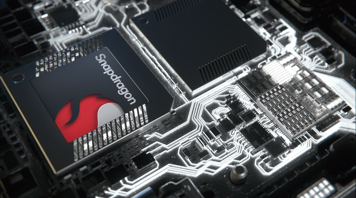 Snapdragon chip on motherboard with various electronic components. STROBE Studio. CGI