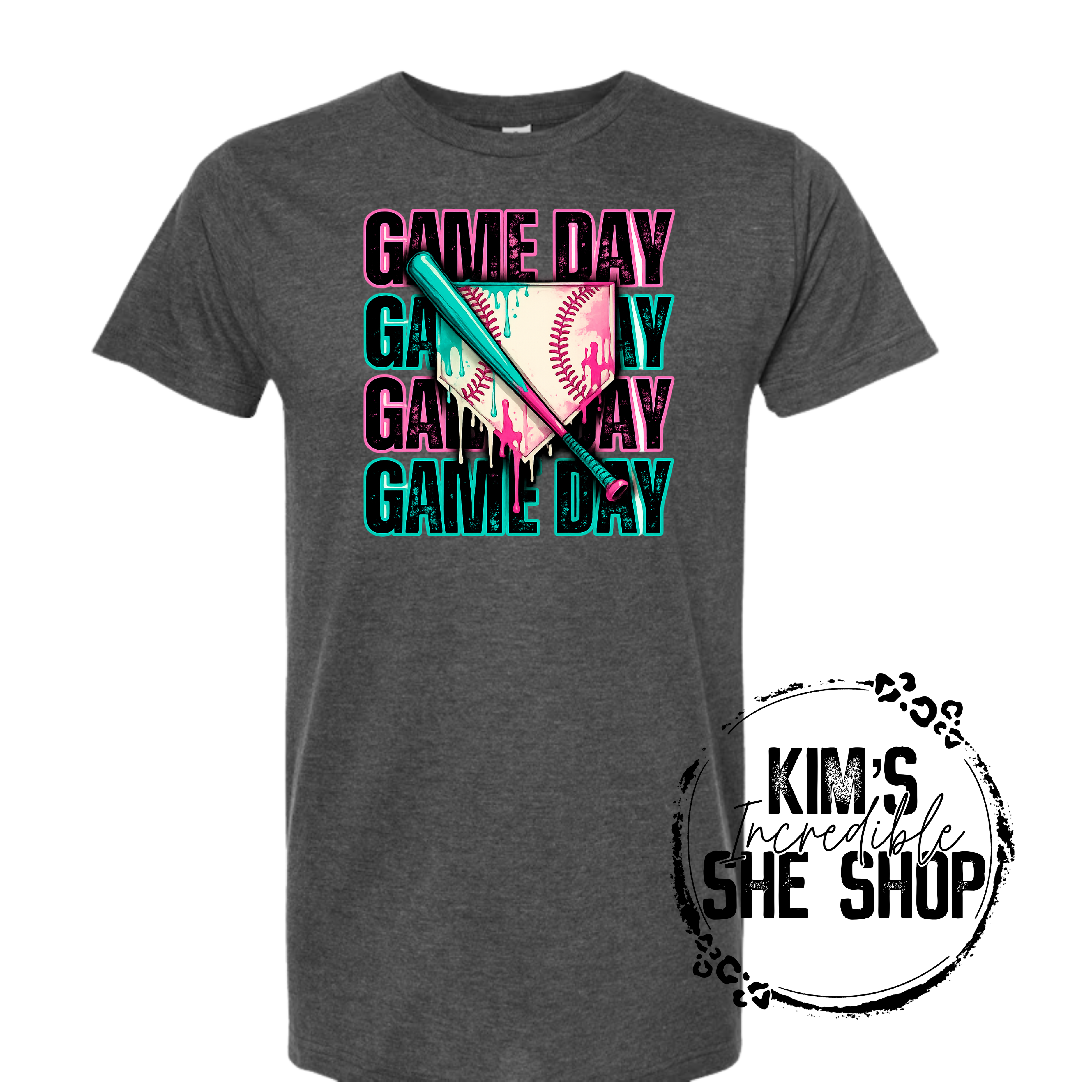 Game Day Stacked Pink and Teal on Grey Shirt