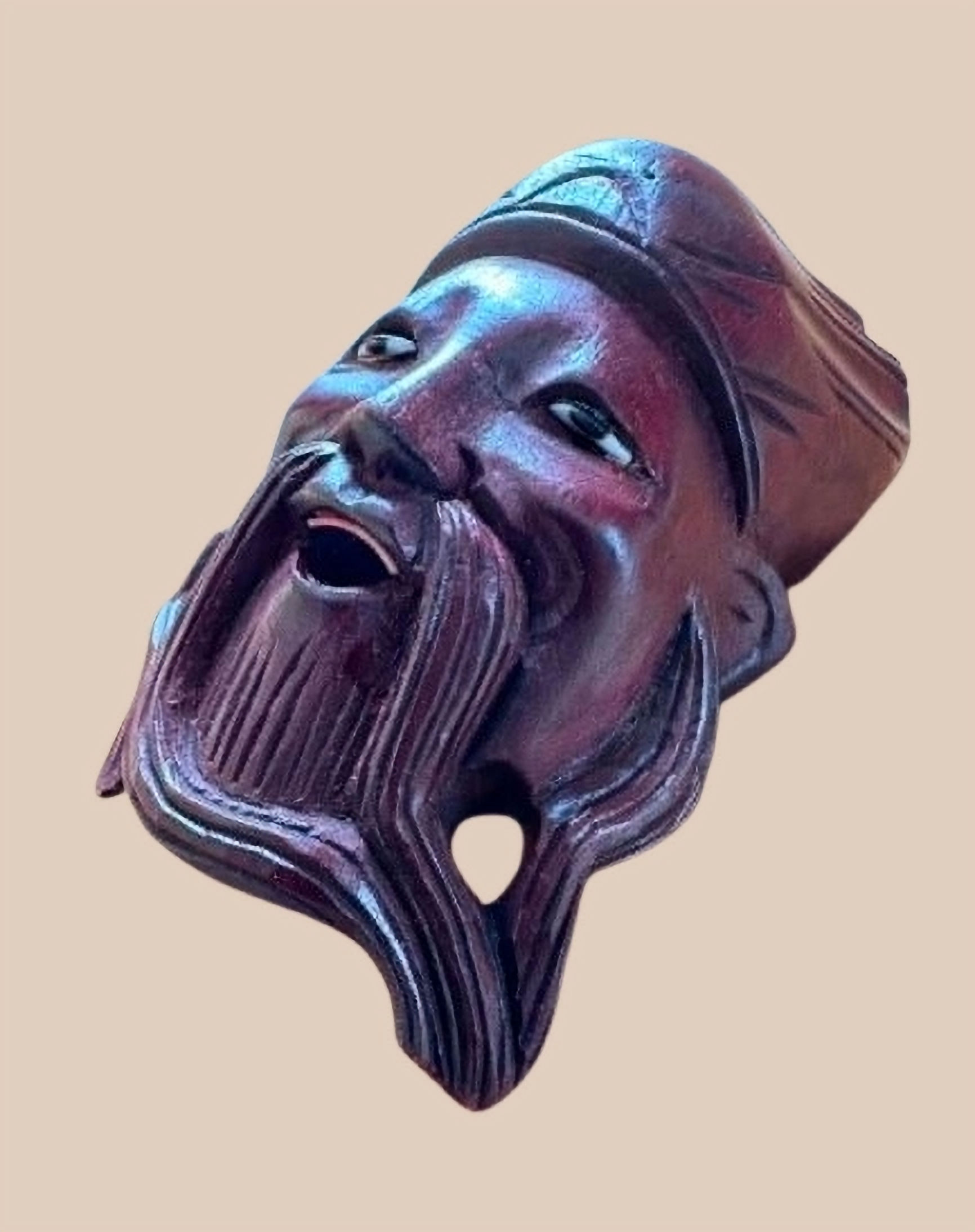 Burgundy Bearded Face - small Asian carved wooden mask