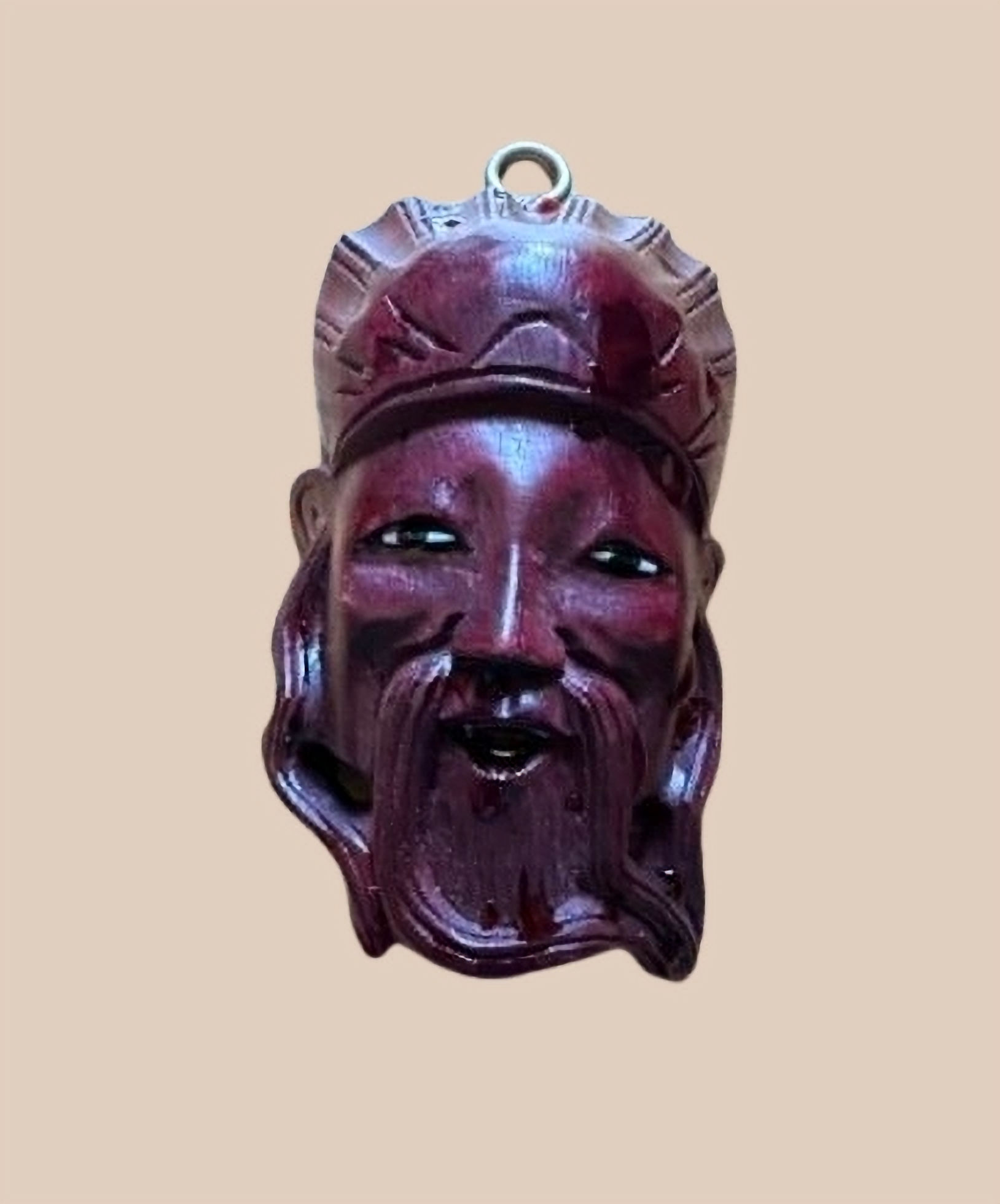 Burgundy Bearded Face - small Asian carved wooden mask