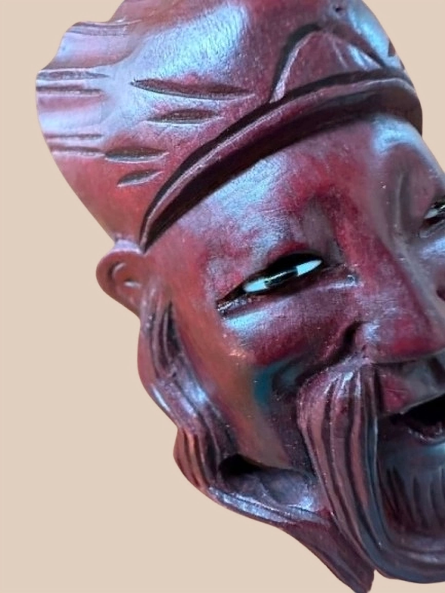 Burgundy Bearded Face - small Asian carved wooden mask