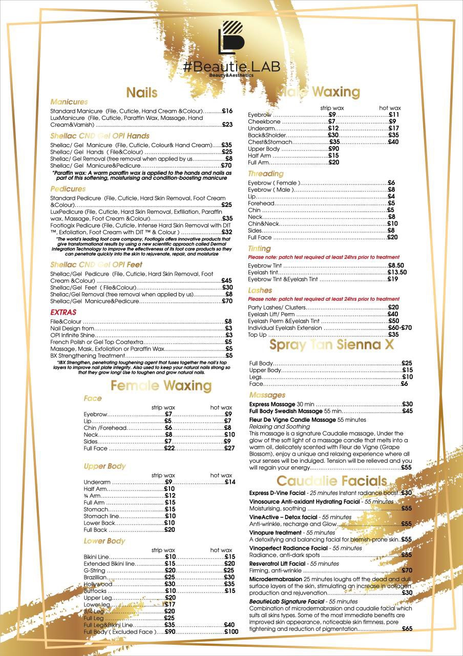 Price list for Beauty Treatments 
