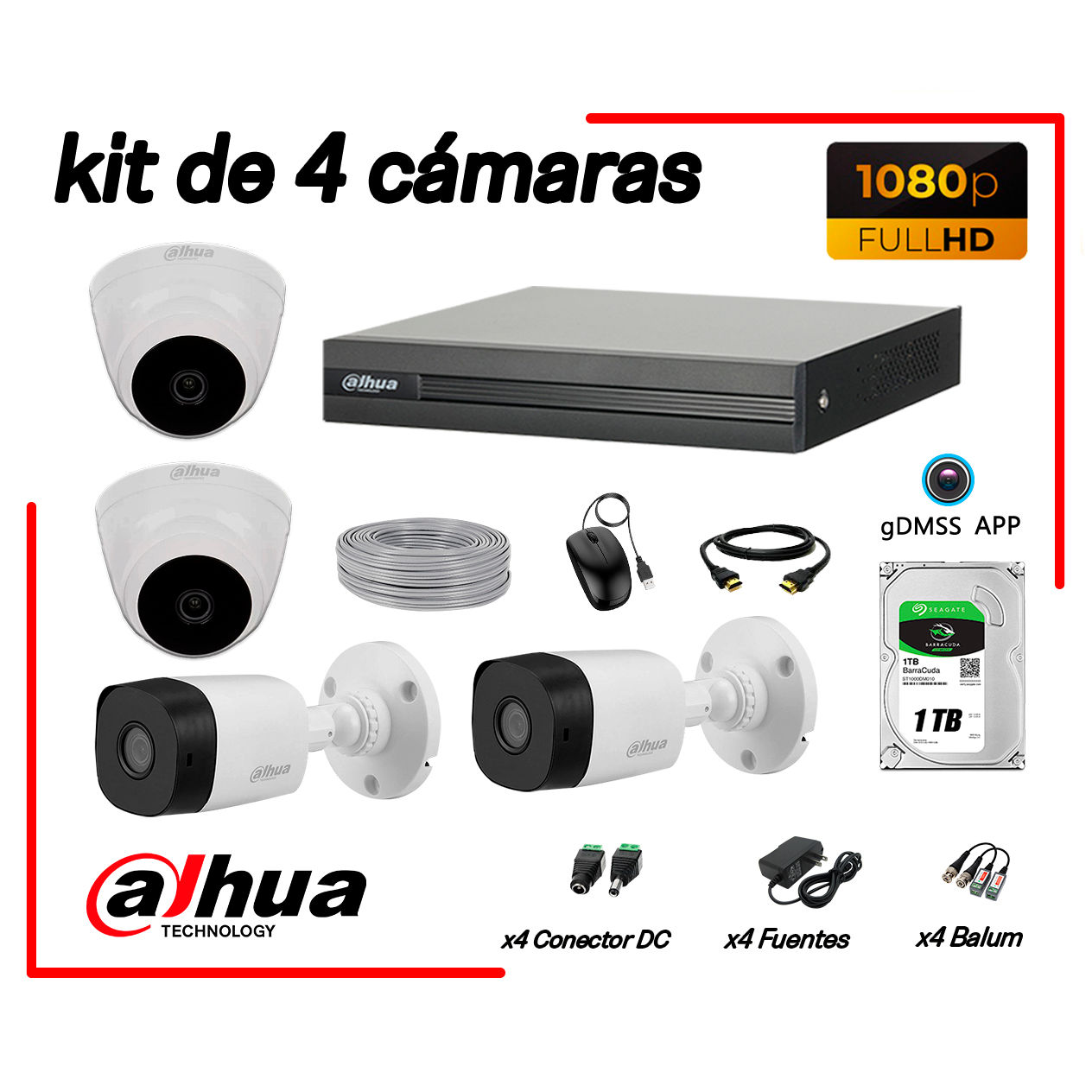 DAHUA KIT 4 CÁMARAS DE SEGURIDAD FULL HD 1080P + DISCO 1TB