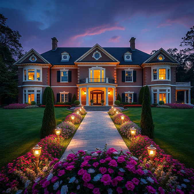 beautiful mansion with well manicured lawn, lights, flowers.jpg