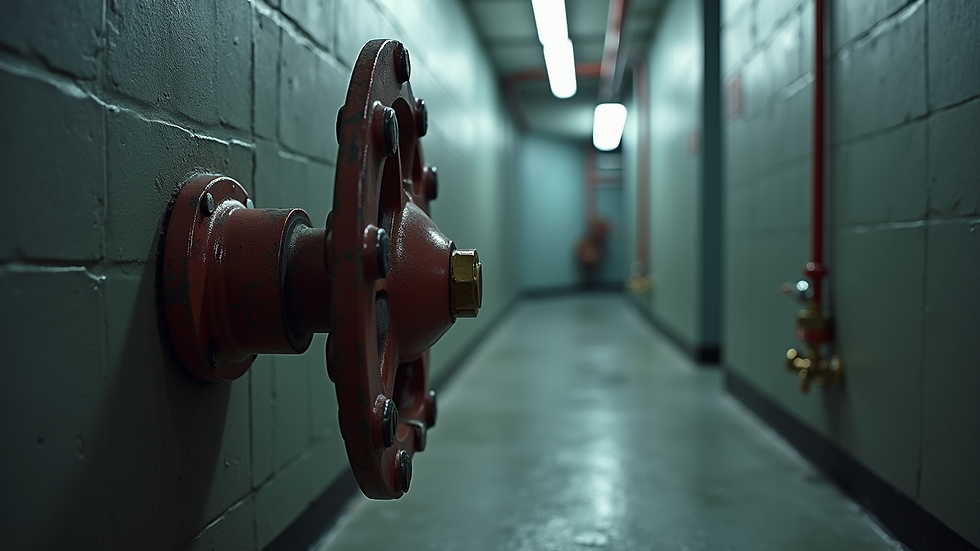 Eye-level view of a water shut-off valve in a basement