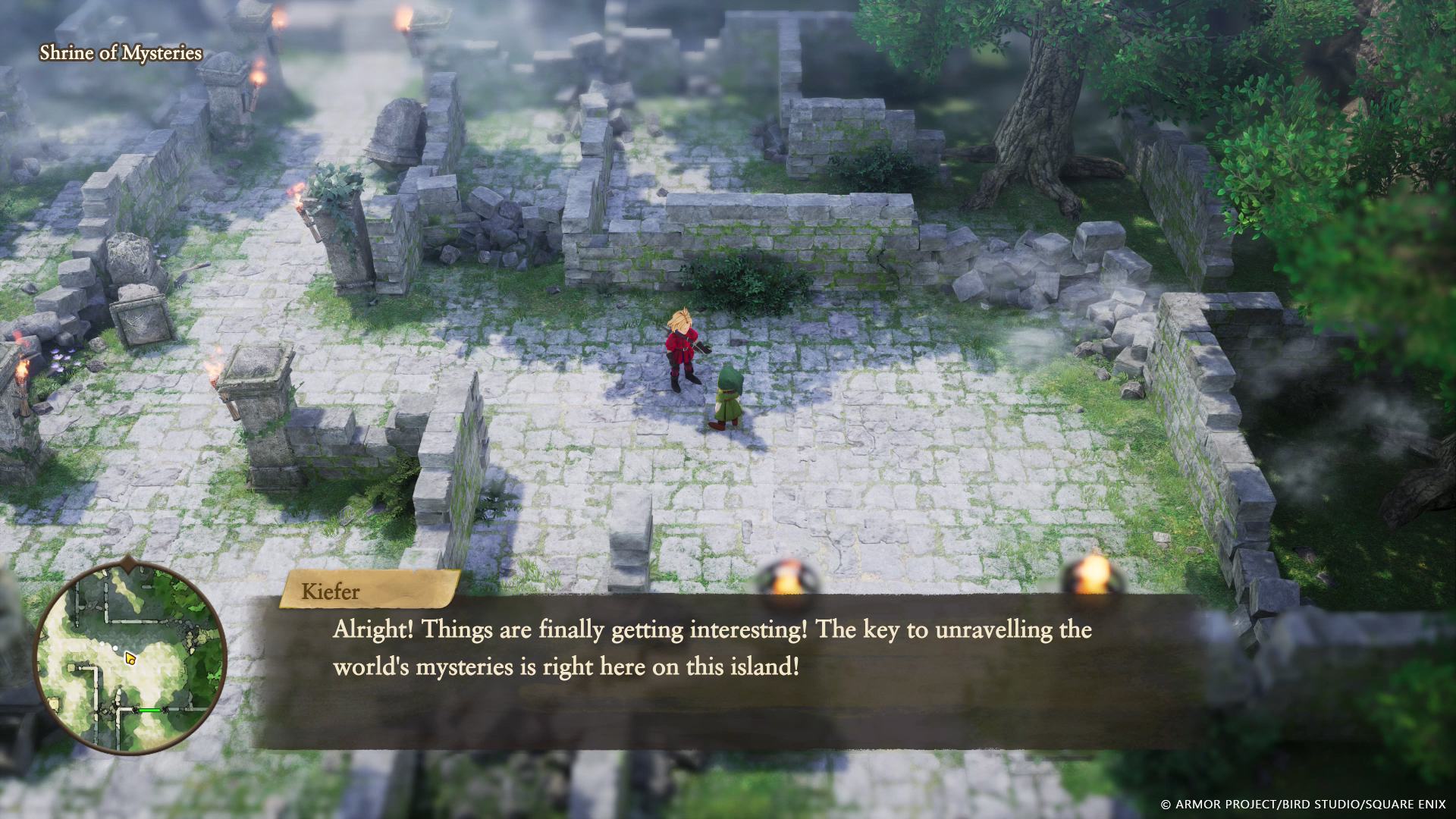 Hero and Kiefer standing at the Shrine of Mysteries.