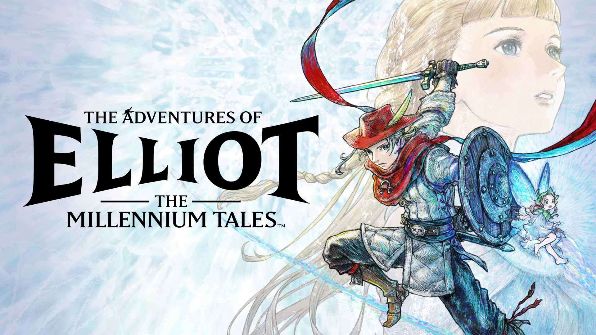The Adventures of Elliot The Millennium Tales cover art featuring Elliot in armor, fairy companion Faie, and Princess Heuria in an ethereal fantasy background