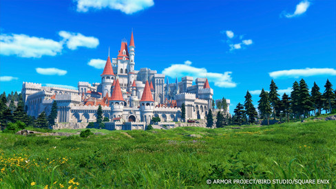 Dragon Quest XII Beyond Dreams in-development screenshot of a castle on the sunlit open field