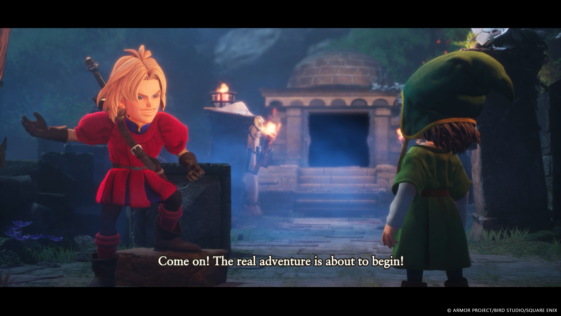 Hero and Kiefer talking in front of a shrine in Dragon Quest VII Reimagined.