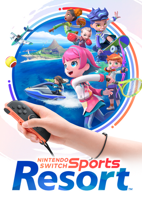 Official key art for Nintendo Switch Sports Resort showing animated characters engaged in multiple sports against a tropical island backdrop with a Joy-Con controller in the foreground