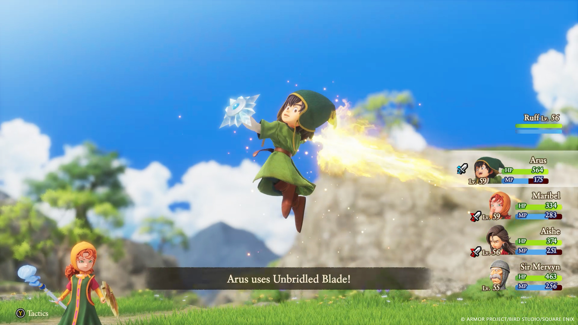 Hero using abilities with the party encouraging him.