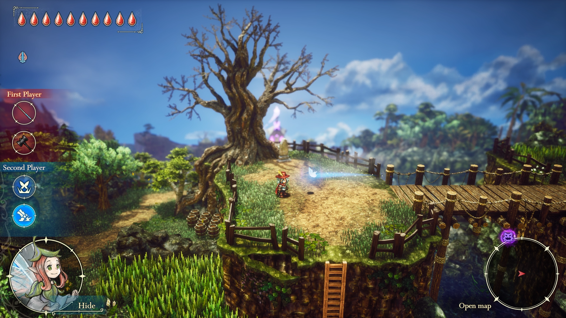 The Adventures of Elliot The Millennium Tales gameplay showing Elliot on a grassy plateau with Faie the fairy, lush green forests, distant mountains, and a bright blue sky