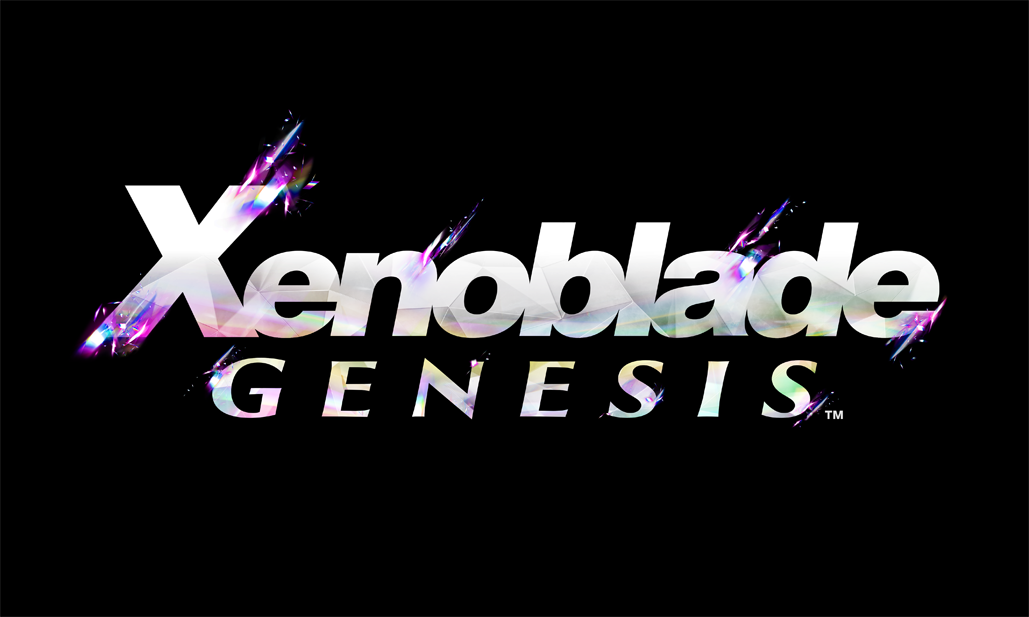 Official Xenoblade GENESIS game logo with metallic iridescent lettering on a black background