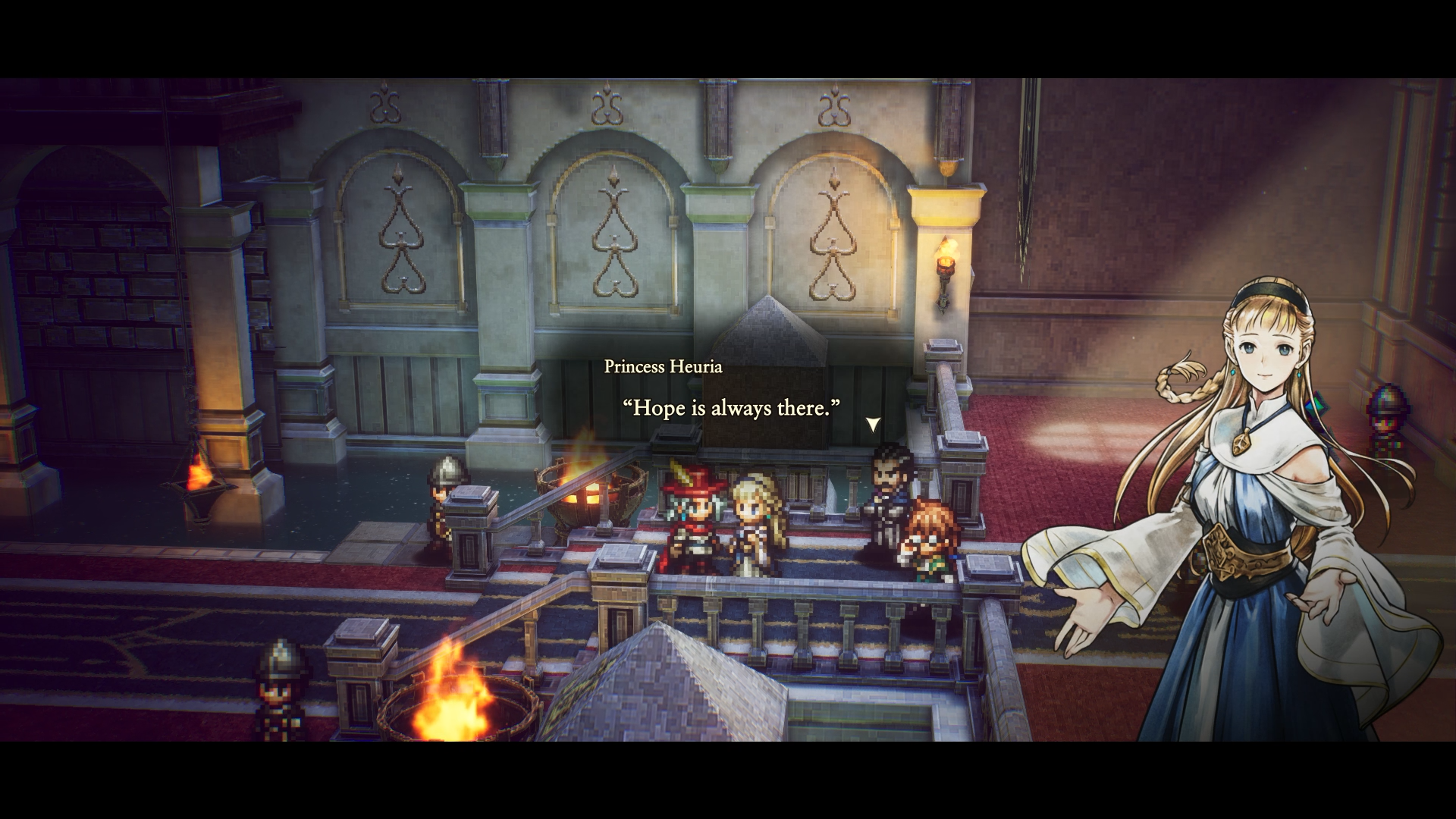 The Adventures of Elliot The Millennium Tales dialogue scene featuring Princess Heuria saying "Hope is always there" in a stone medieval castle with pixel art characters on a staircase
