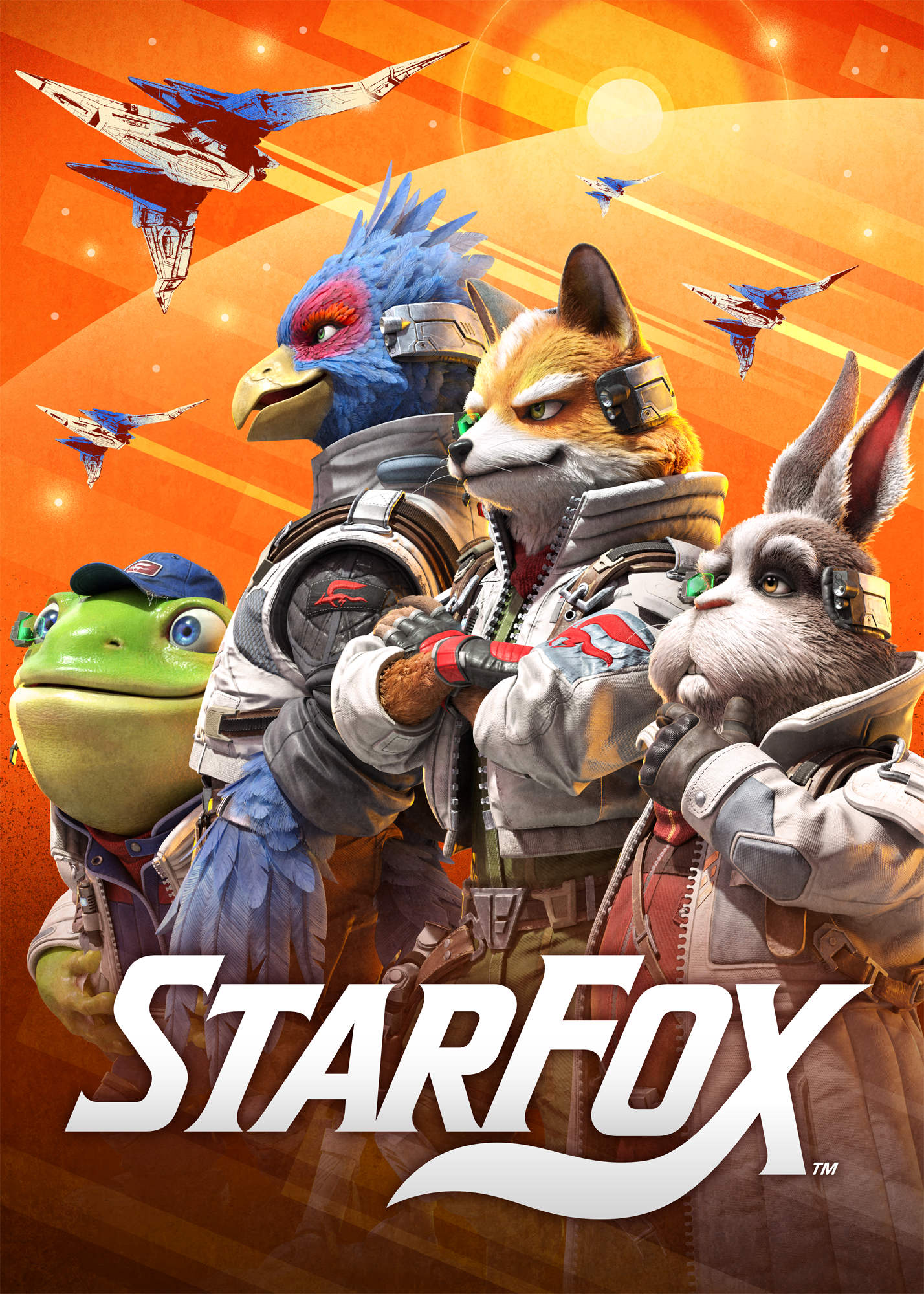 Official Nintendo Switch 2 key art for Star Fox featuring Fox McCloud and team in pilot uniforms against an orange space-themed background with spacecraft overhead