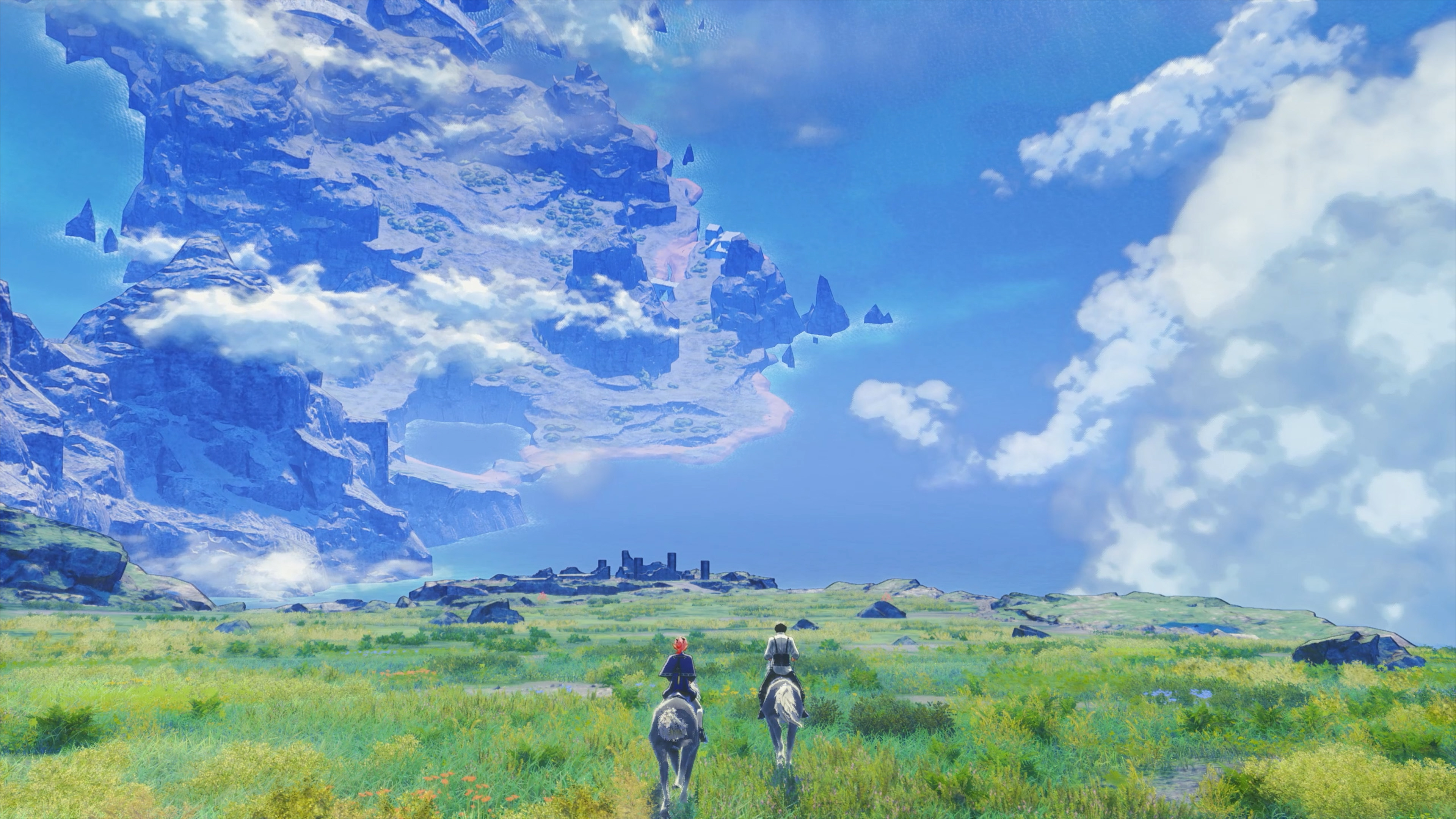 Xenoblade Genesis screenshot showing two figures on horseback crossing a grassy plain beneath a massive floating landmass in a bright blue sky