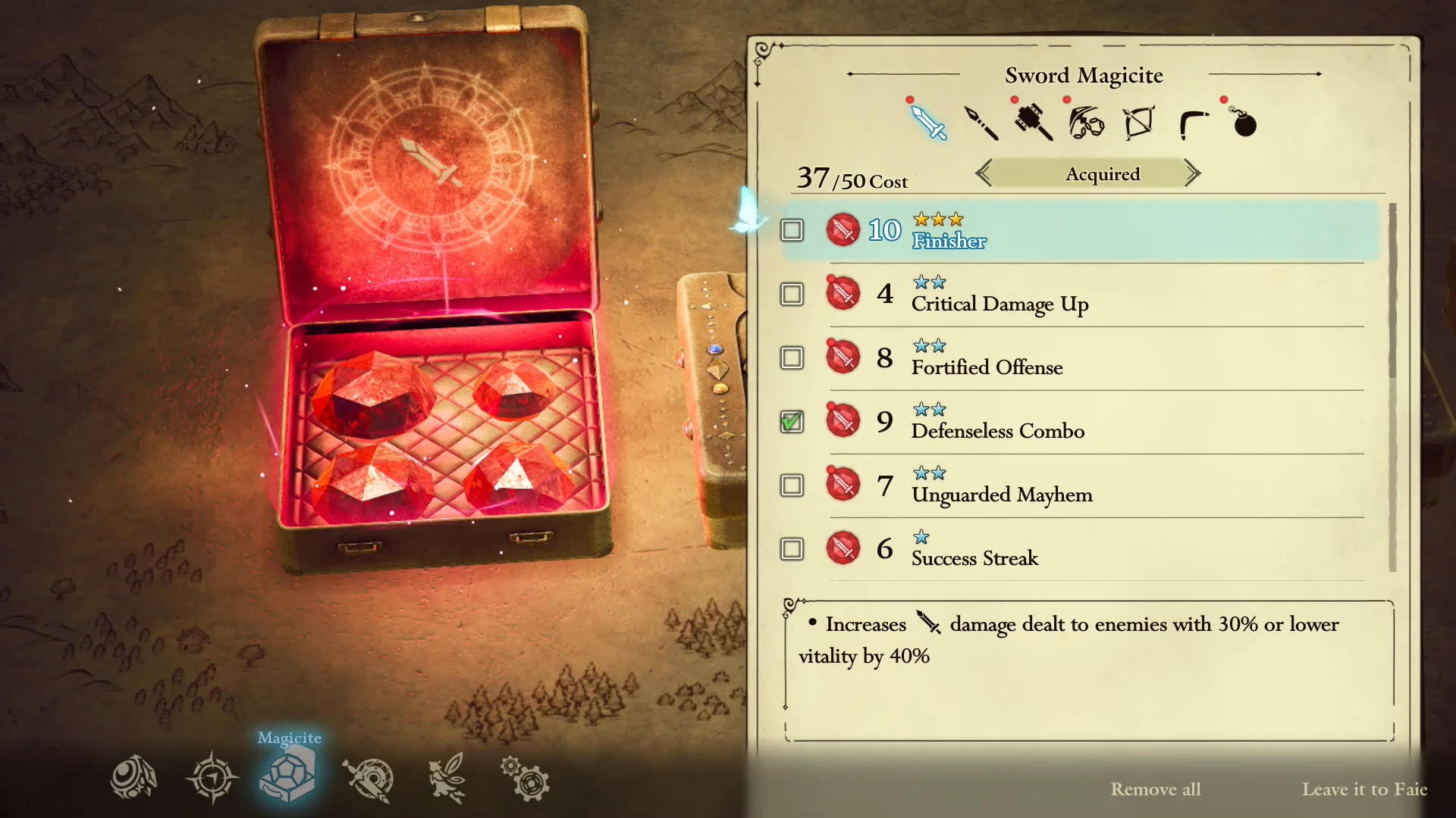 The Adventures of Elliot The Millennium Tales Magicite menu screen showing red gemstones in an open box with a list of sword ability upgrades and star ratings