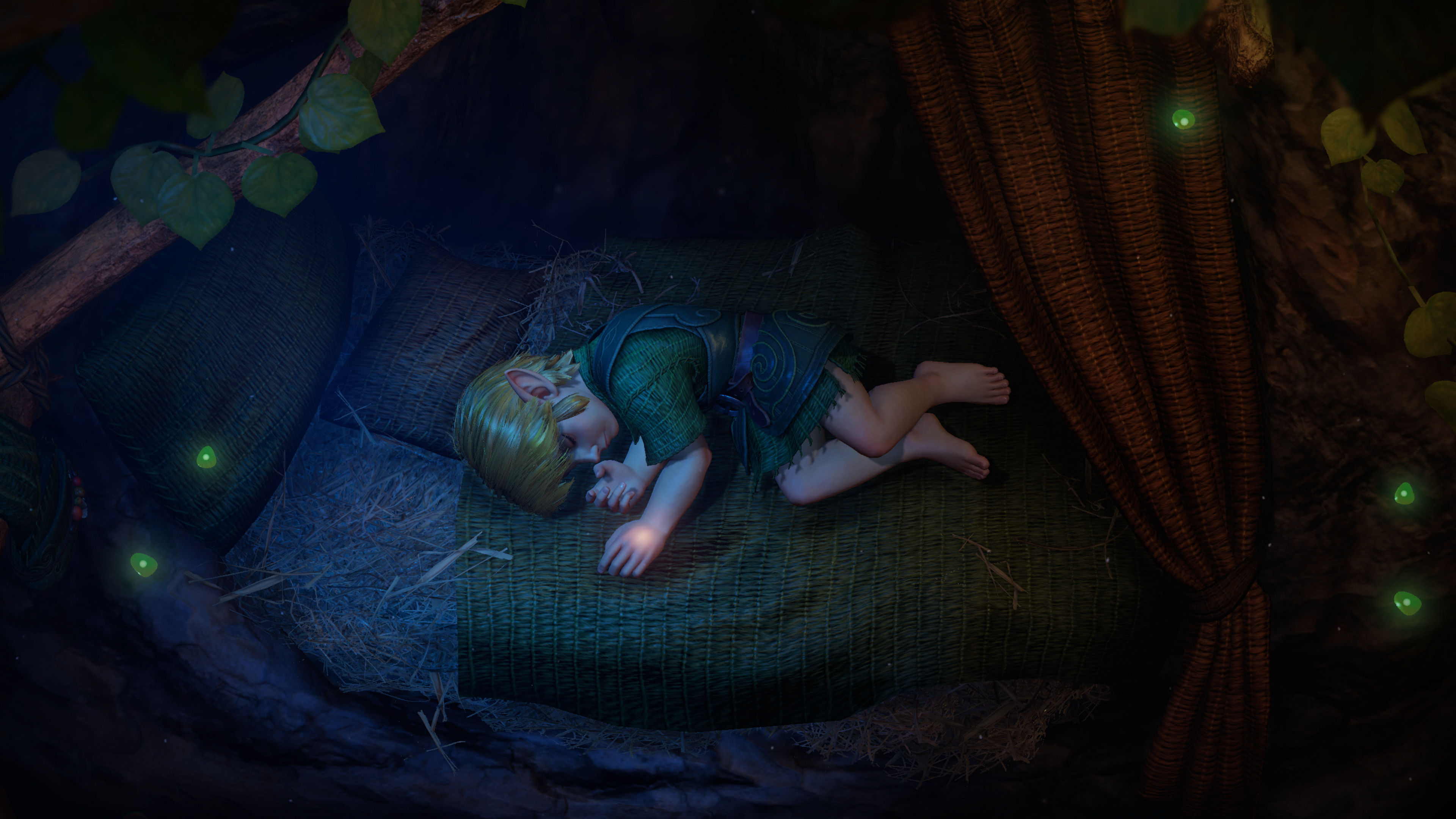 Screenshot from The Legend of Zelda: Ocarina of Time for Nintendo Switch 2 showing young Link resting in a softly lit hut with glowing green orbs