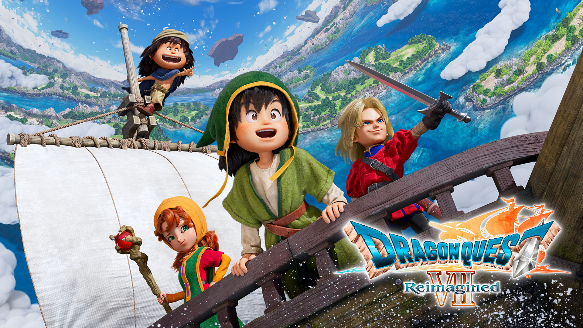 Key art showing the hero and companions on a ship with the Dragon Quest VII Reimagined logo.