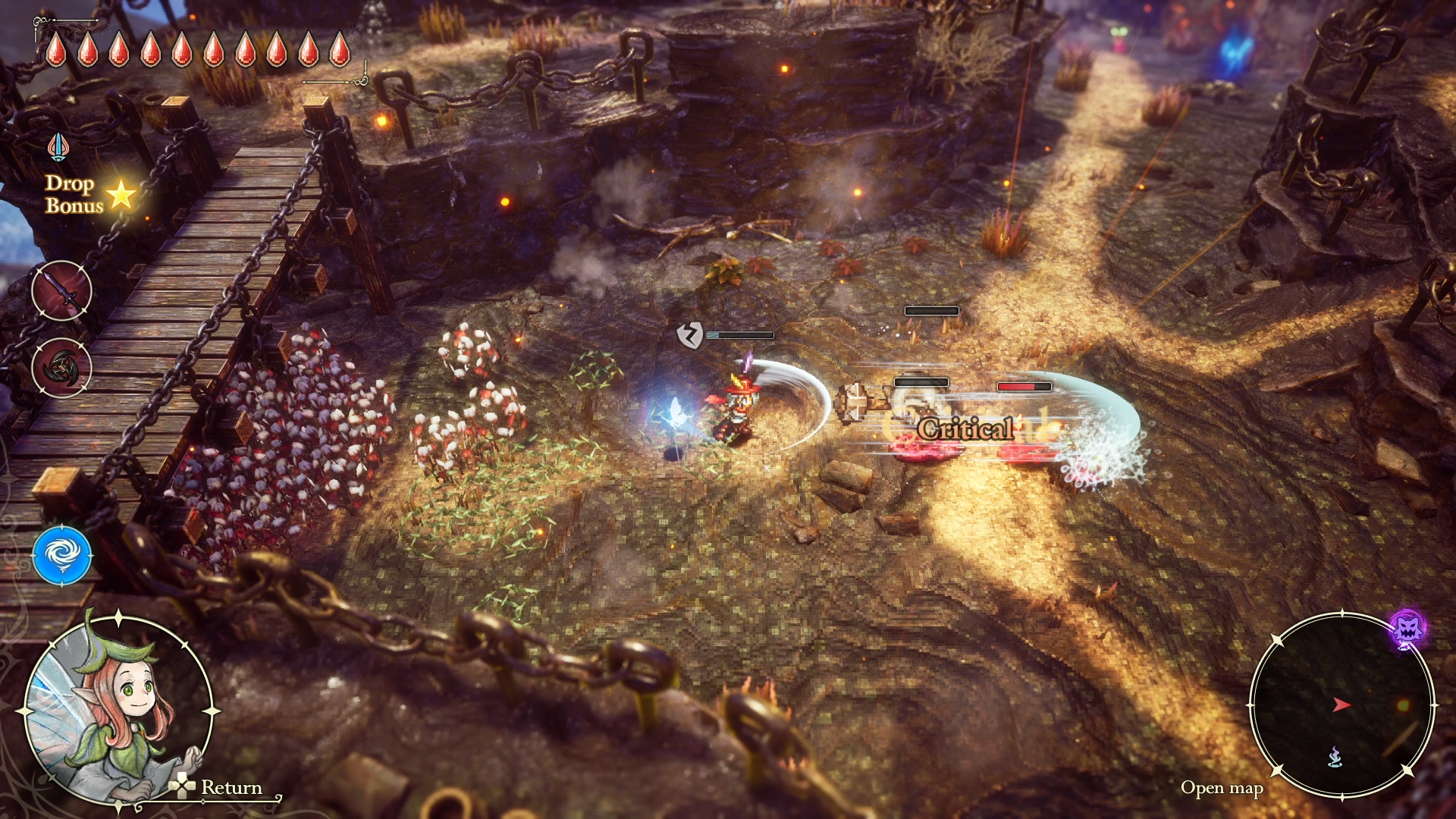 The Adventures of Elliot The Millennium Tales combat scene showing Elliot landing a critical hit on enemies across rocky terrain with a wooden bridge