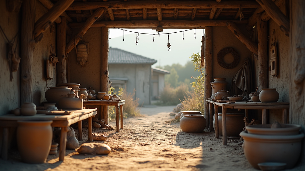 eye-level view of a traditional craft workshop in a rural area