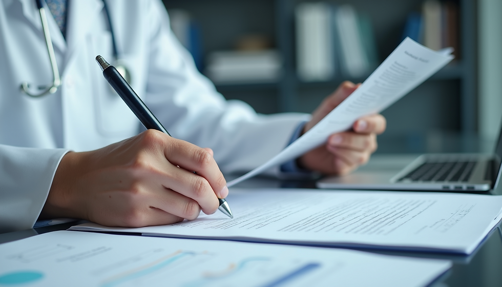 A consultant doctor filling in their documents and forms.