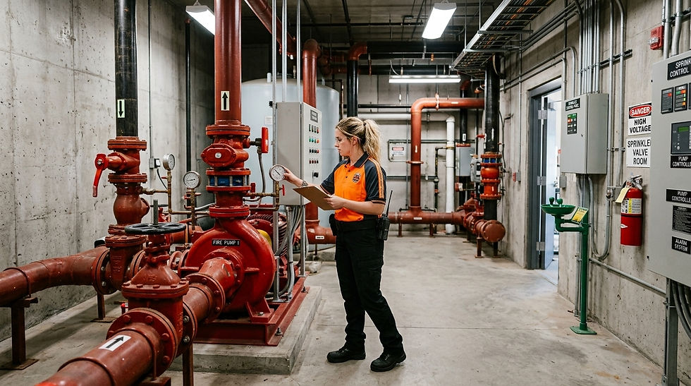 Woman in orange safety shirt checks a gauge in a fire pump room with red pipes, valves, and warning signs.