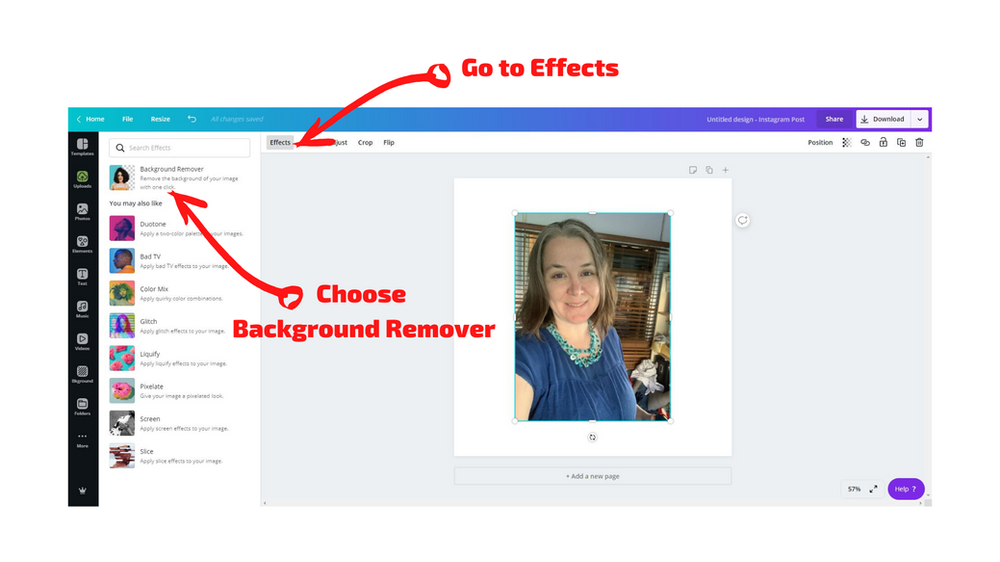 Using Canva remove a photo background