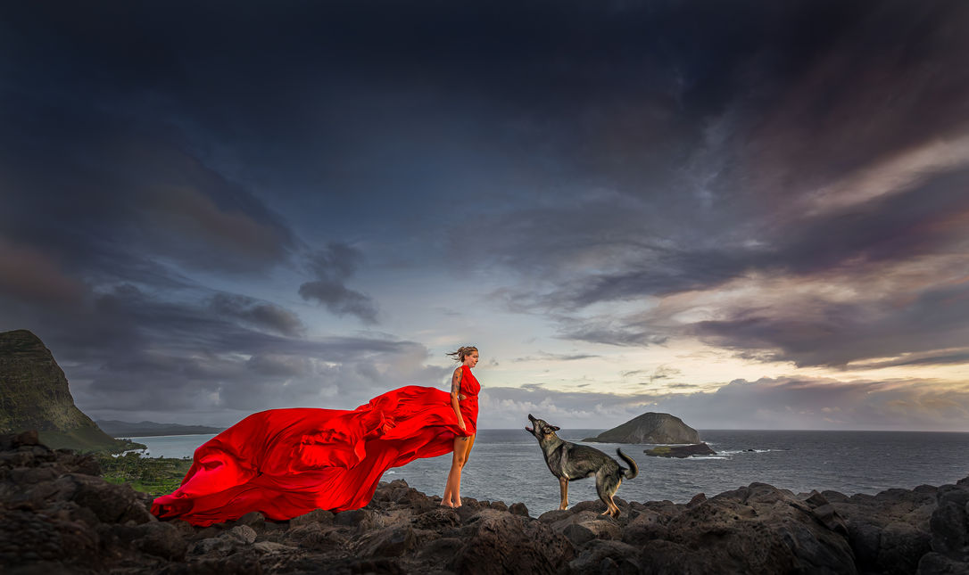 A young woman and her dog stand on the cliffs of Makapu'u, Oahu for a moody pet photo shoot