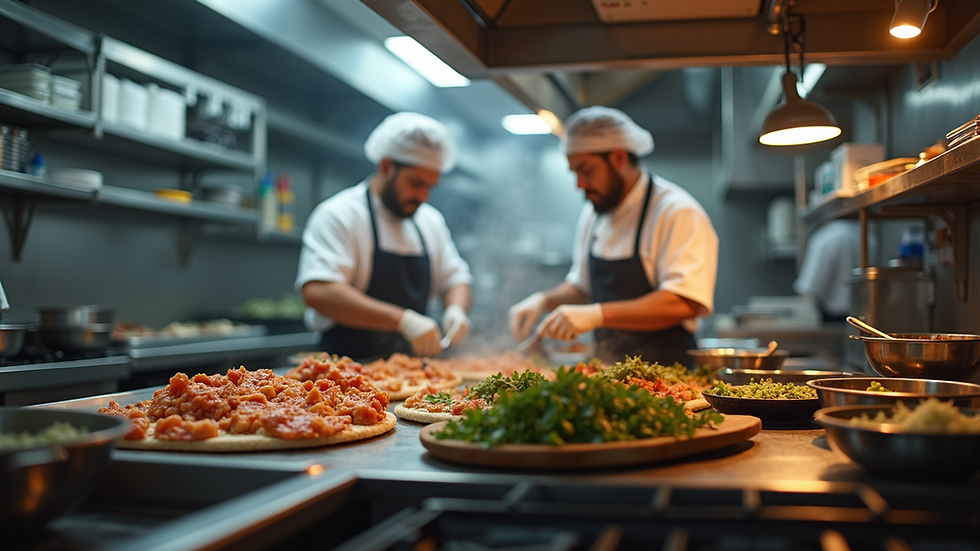 High angle view of a busy restaurant kitchen optimized for efficiency