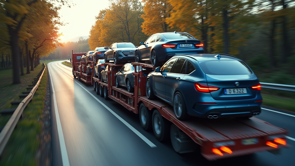 High angle view of a car transport truck loaded with vehicles