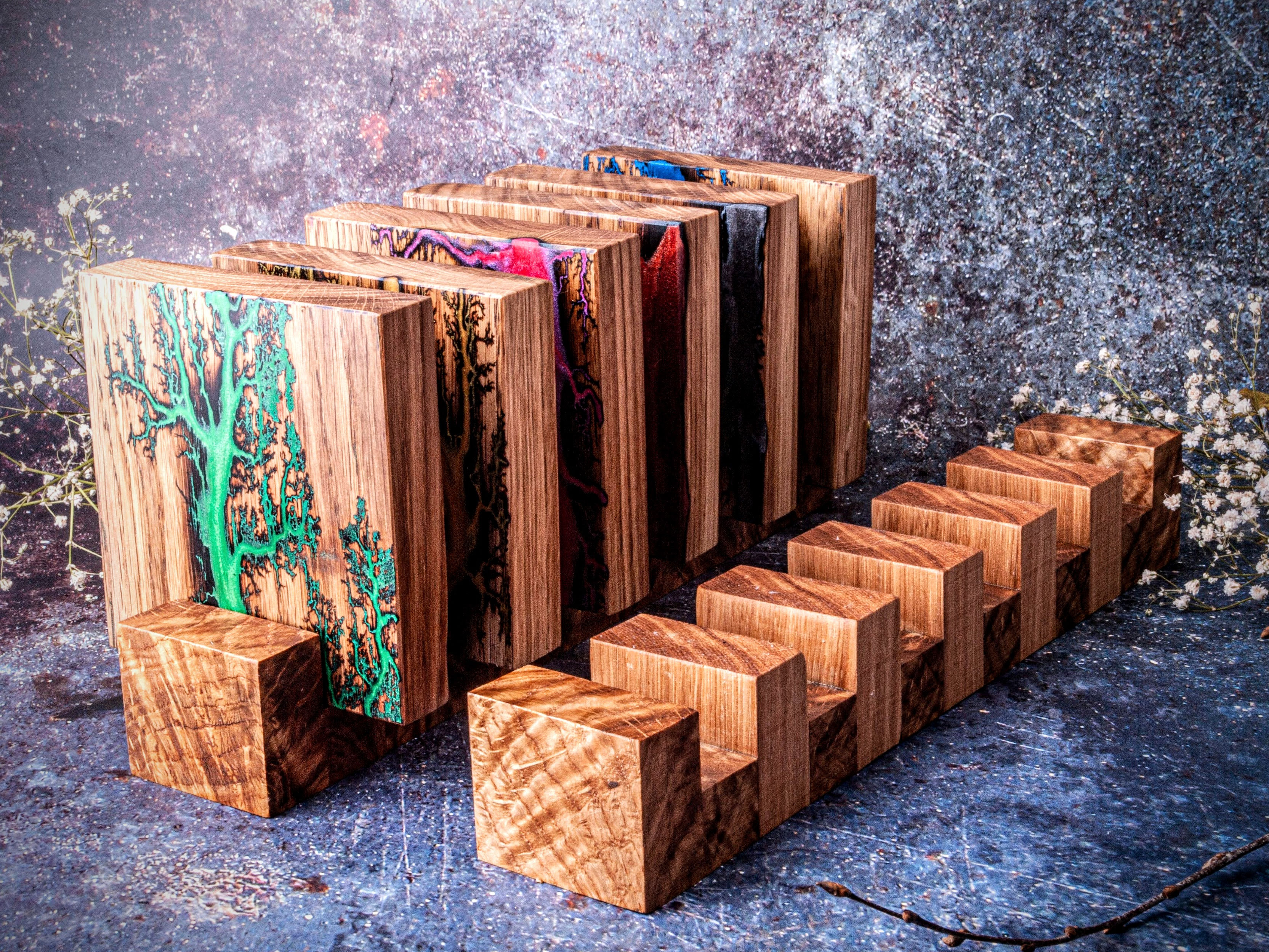 Lichtenberg Figure Oak Coasters & Holder