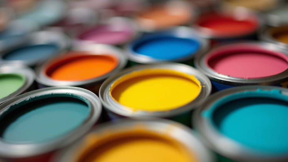 Close-up view of paint cans with various color samples