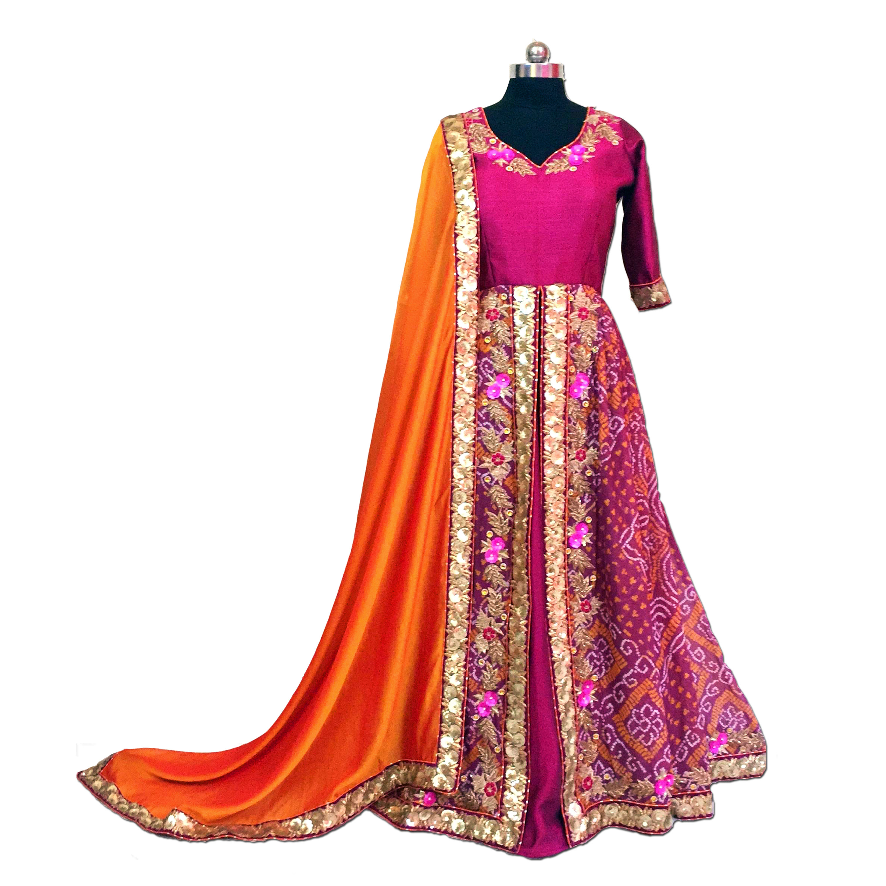 Wine Bhandej Embroidered Gown