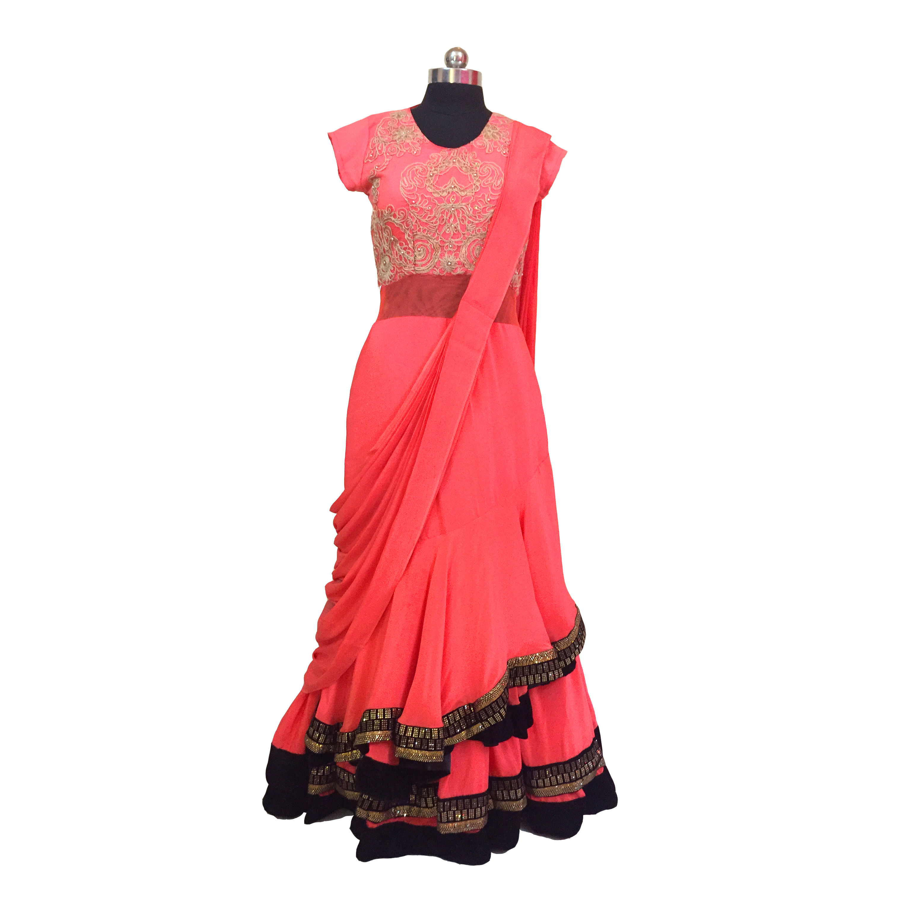 Peach Ready-to-Wear Ruffle Sari Gown