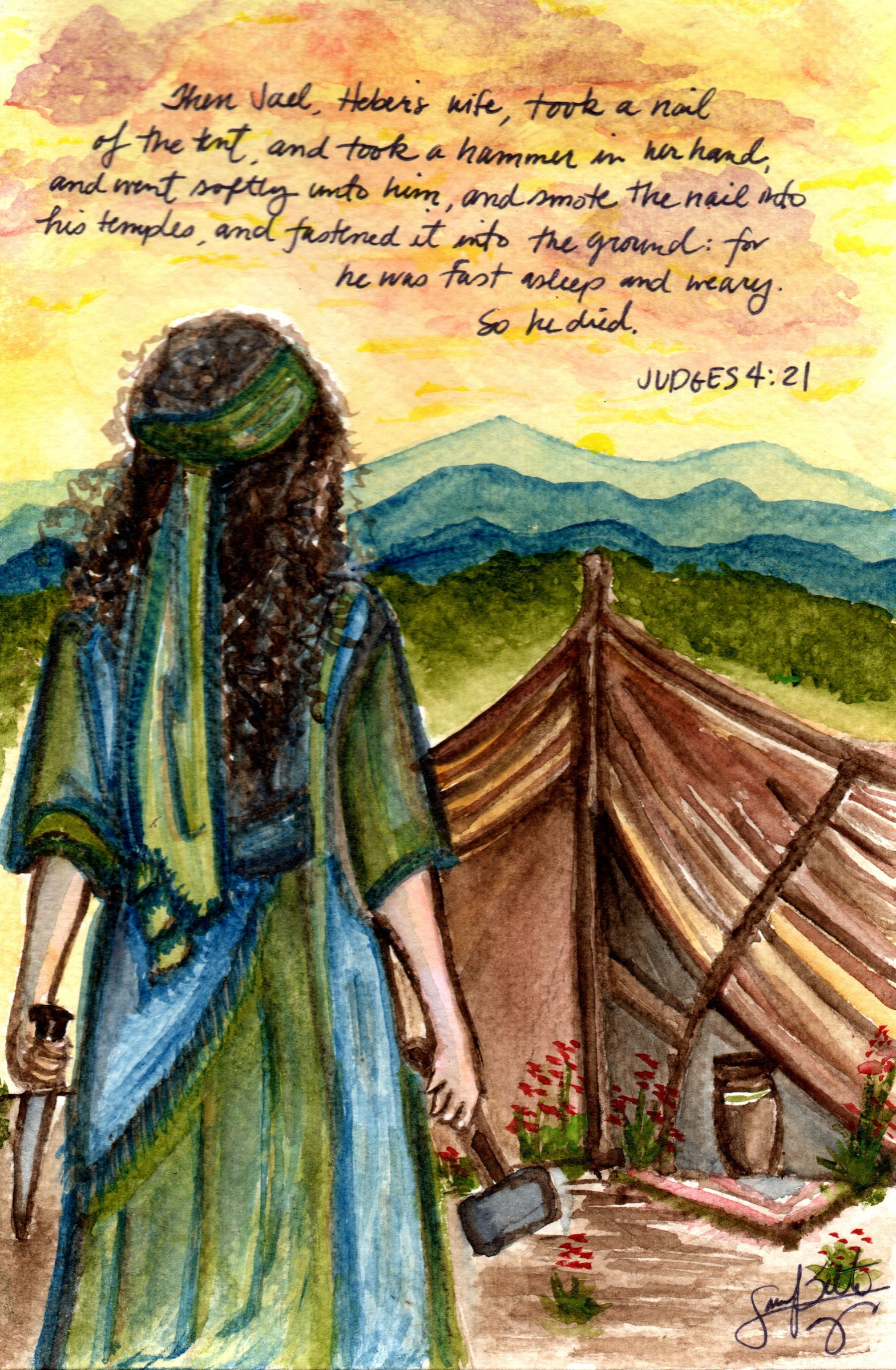 Judges 4:21 watercolor of Jael holding a hammer beside a tent in a mountain landscape