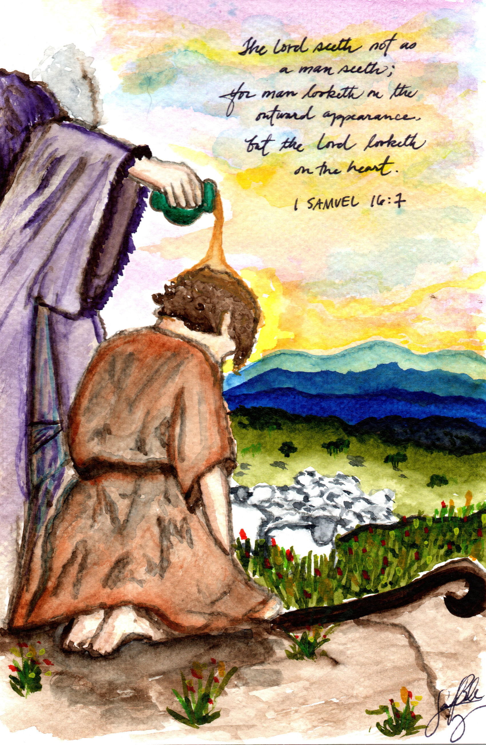 Samuel anointing David with 1 Samuel 16:7 Scripture watercolor by Sarah Beth Terry