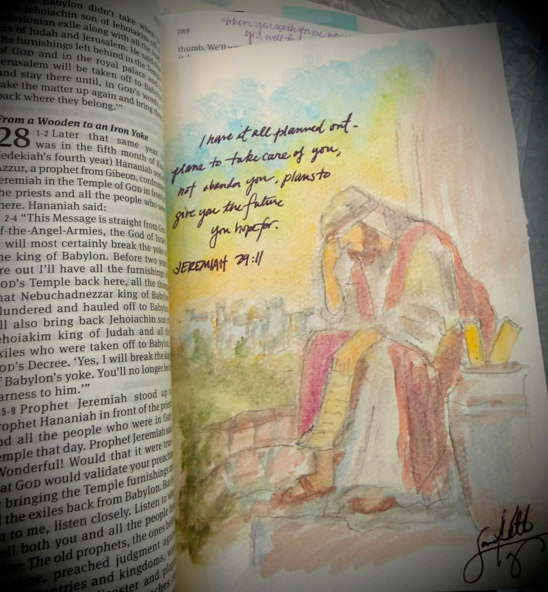 Jeremiah 29:11 original watercolor painting by Sarah Beth Terry displayed beside an open Bible