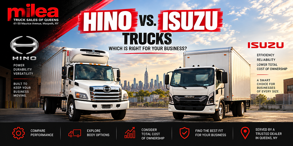 Two white box trucks, one Thermo King HINO and one Isuzu, parked in an industrial lot with a city skyline under a cloudy sky.