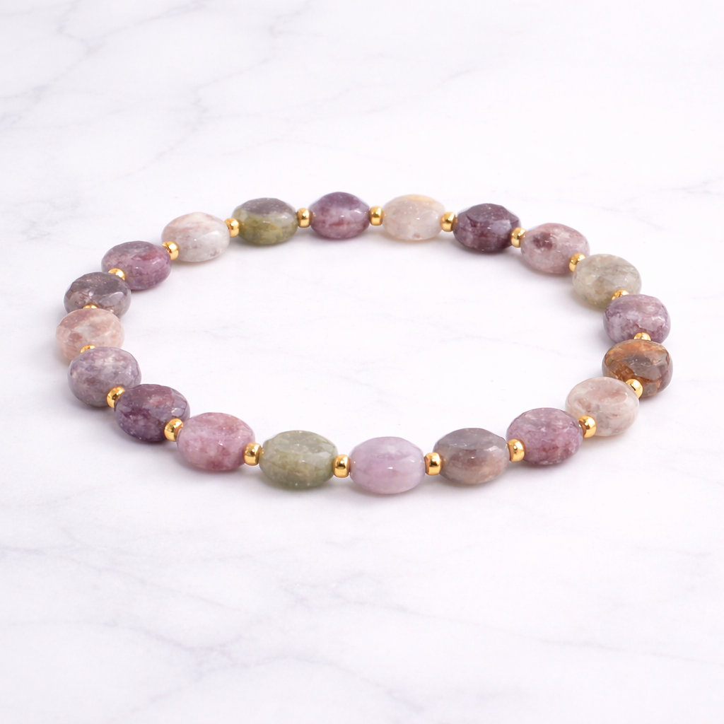 Pink Tourmaline Lepidolite Quartz Faceted Gemstone Bracelet Premium Luxury